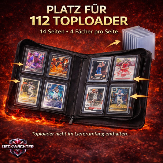 Toploader Binder Schwarz – Sammelkarten Ordner für 112 Toploader – 14 Seiten Kartenmappe mit Reißverschluss