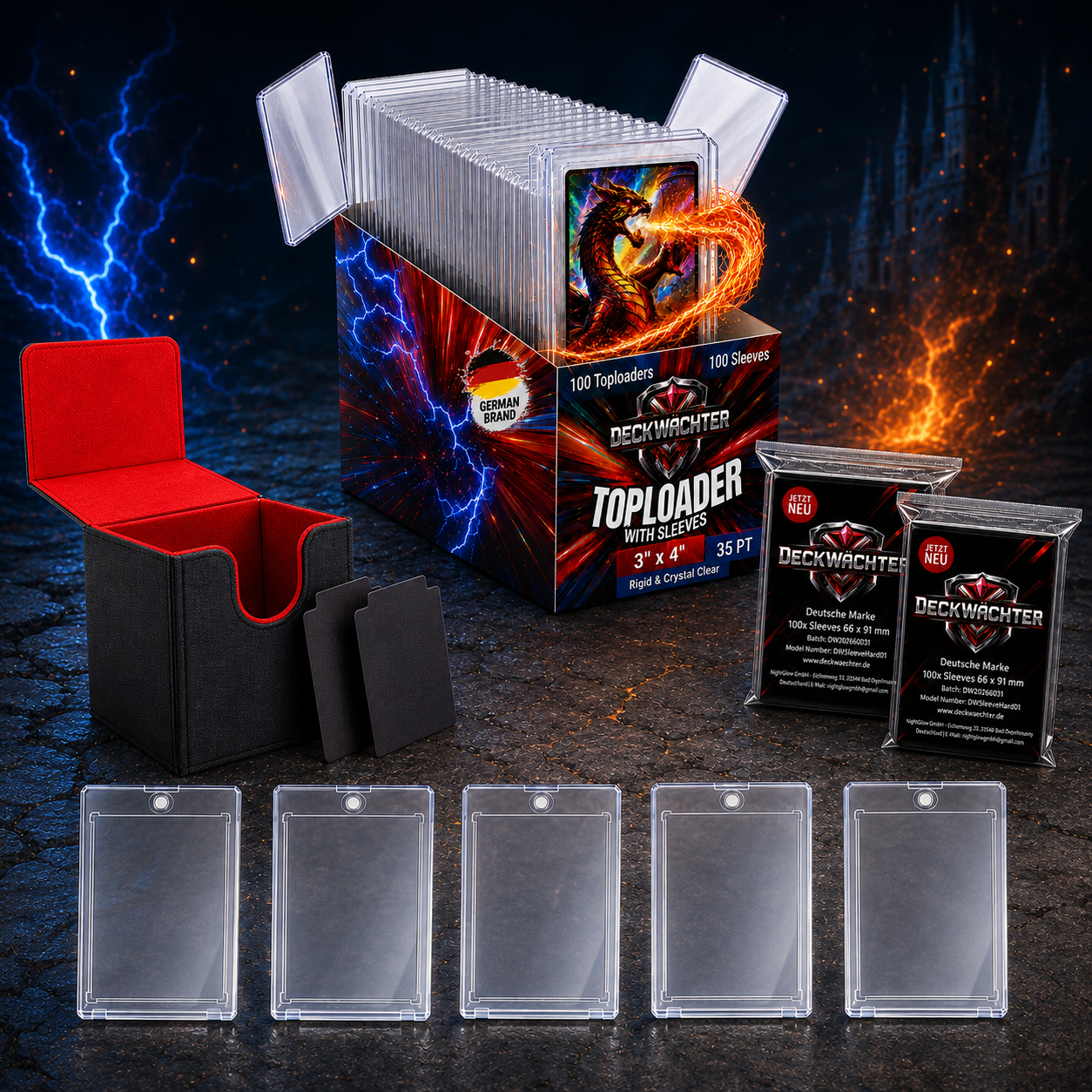 DeckWächter TCG Starter Kit - 100 Toploader + 300 Sleeves + 5 Magnetkartenhalter + 1 Deckbox