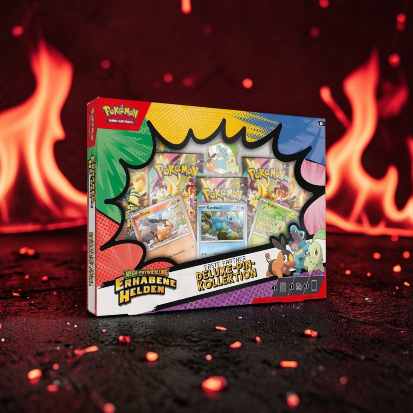Pokémon Mega-Entwicklung Erhabene Helden Deluxe-Pin-Kollektion Erste Partner Endivie Floink Karnimani Deutsch