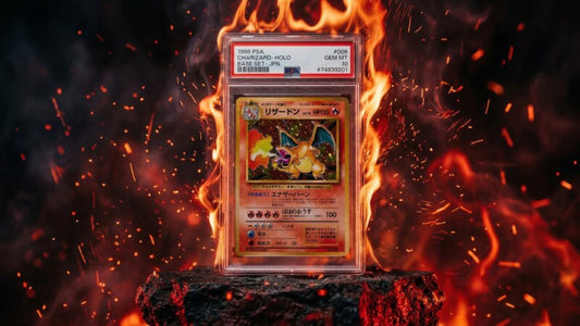 Pokémon-Karten graden lassen 2026: PSA CGC Beckett Slab mit rotem Feuer und cinematischer Atmosphäre