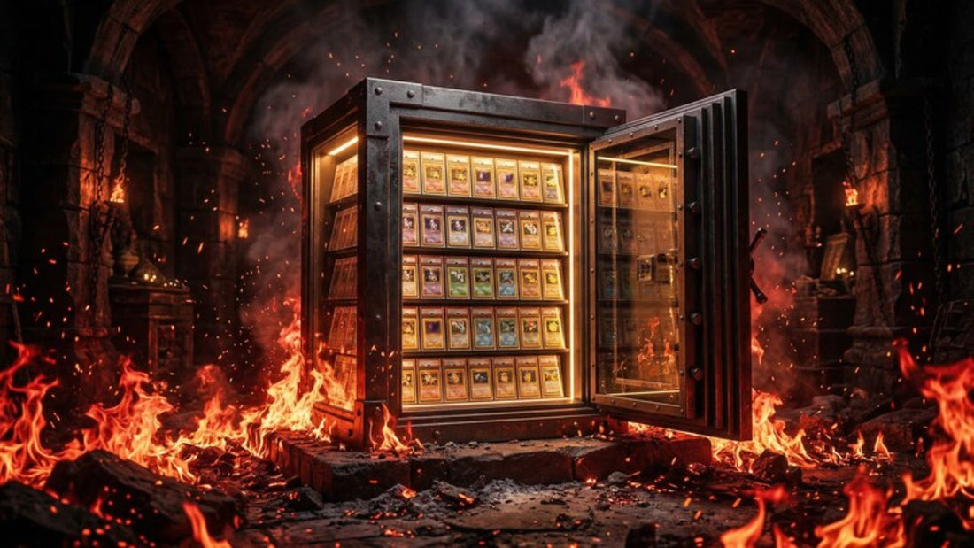 Pokémon Kollektionen als Investment 2026 – leuchtende Kartensammlung in Flammen, cinematic