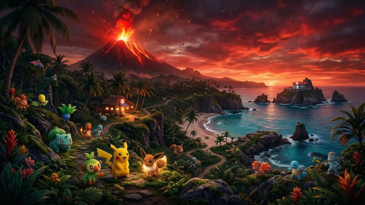 Pokémon Pokopia – dramatische Insel mit Vulkan, rote Flammen und Glut, cinematic Stil