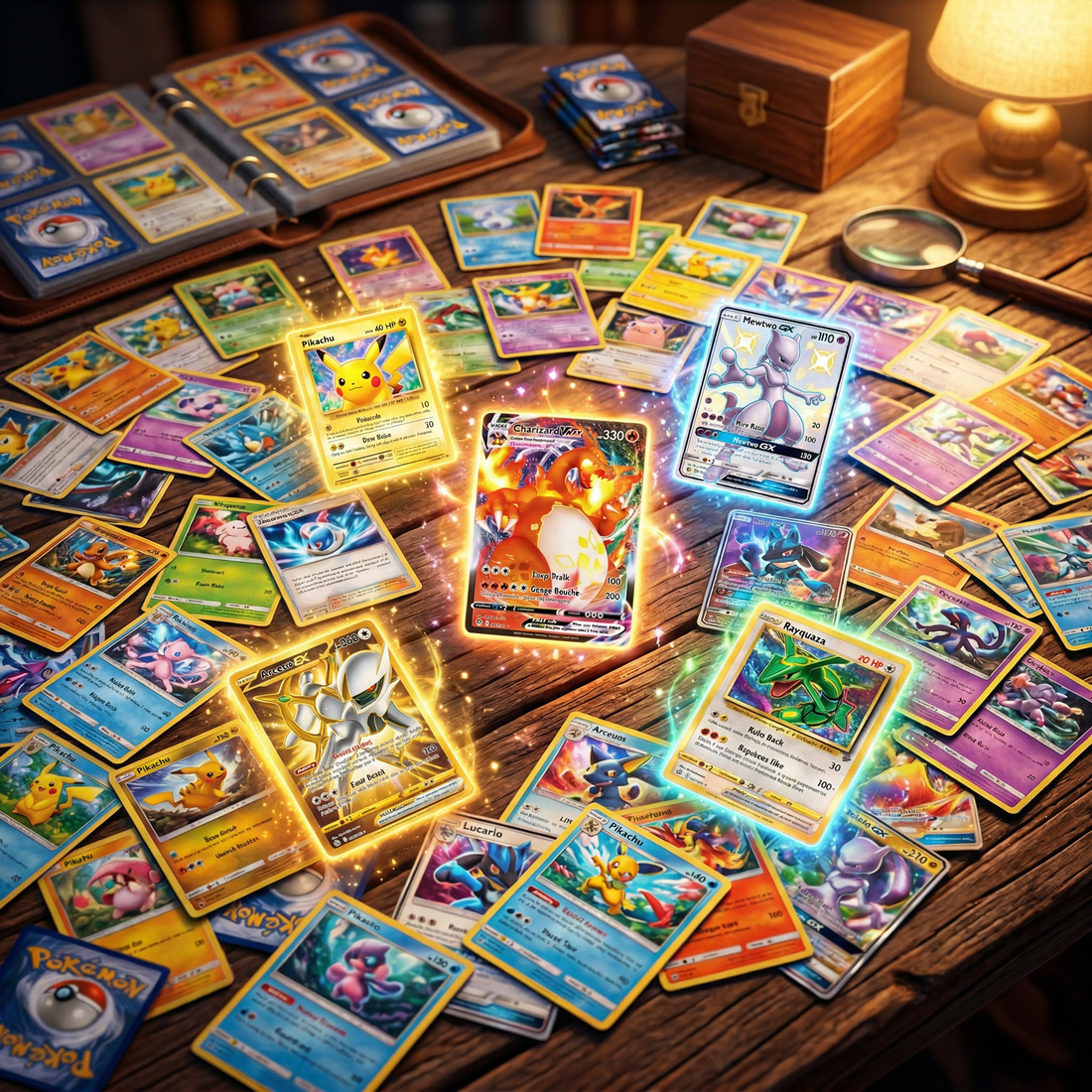 Illustration Rare Pokemon Karten Sammlung auf Holztisch