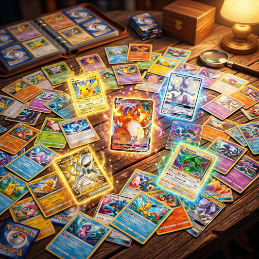 Illustration Rare Pokemon Karten Sammlung auf Holztisch