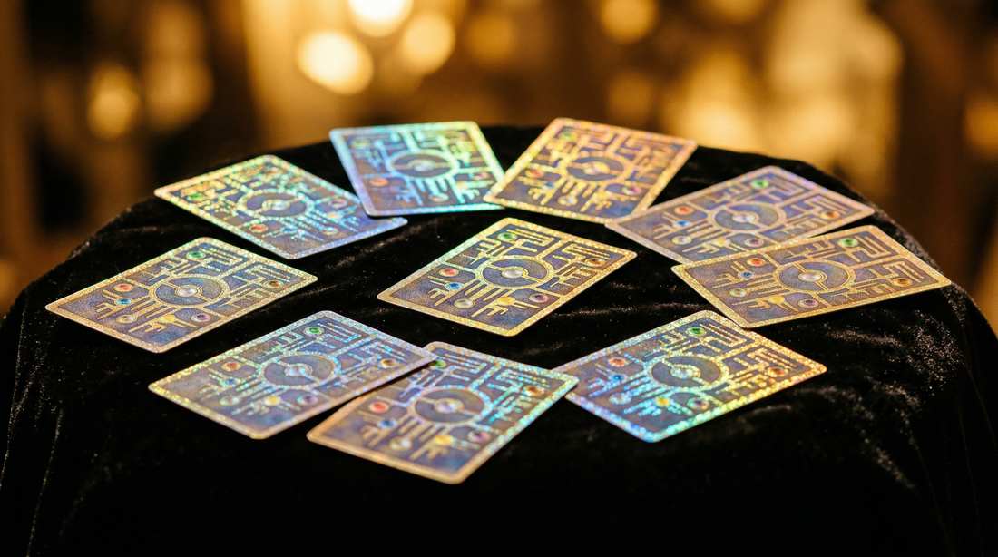 Holografische Sammelkarten auf dunklem Samt - Trainergalerie Karten