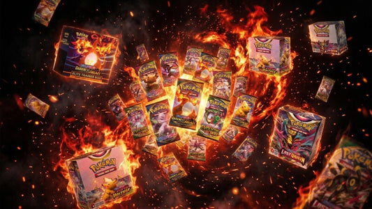 Pokémon TCG Sets 2026 – glühende Boosterpacks im Feuer, cinematic Stil