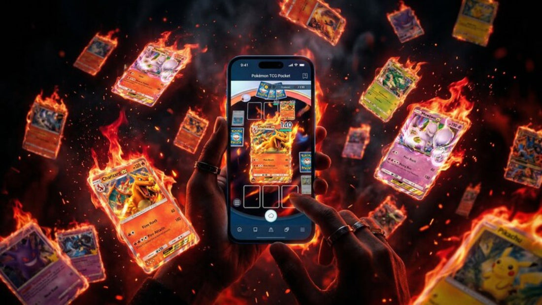 Pokémon TCG Pocket 2026 – leuchtendes Smartphone mit Karten in Flammen, cinematic
