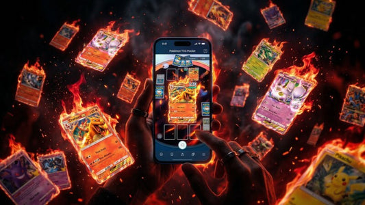 Pokémon TCG Pocket 2026 – leuchtendes Smartphone mit Karten in Flammen, cinematic