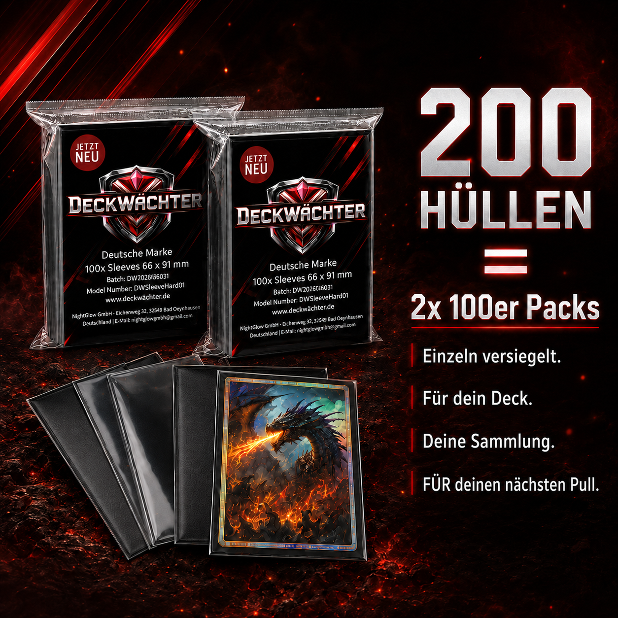 DeckWächter Kartenhüllen Schwarz 200 Stück – 2x 100er Packs Card Sleeves 66x91 mm
