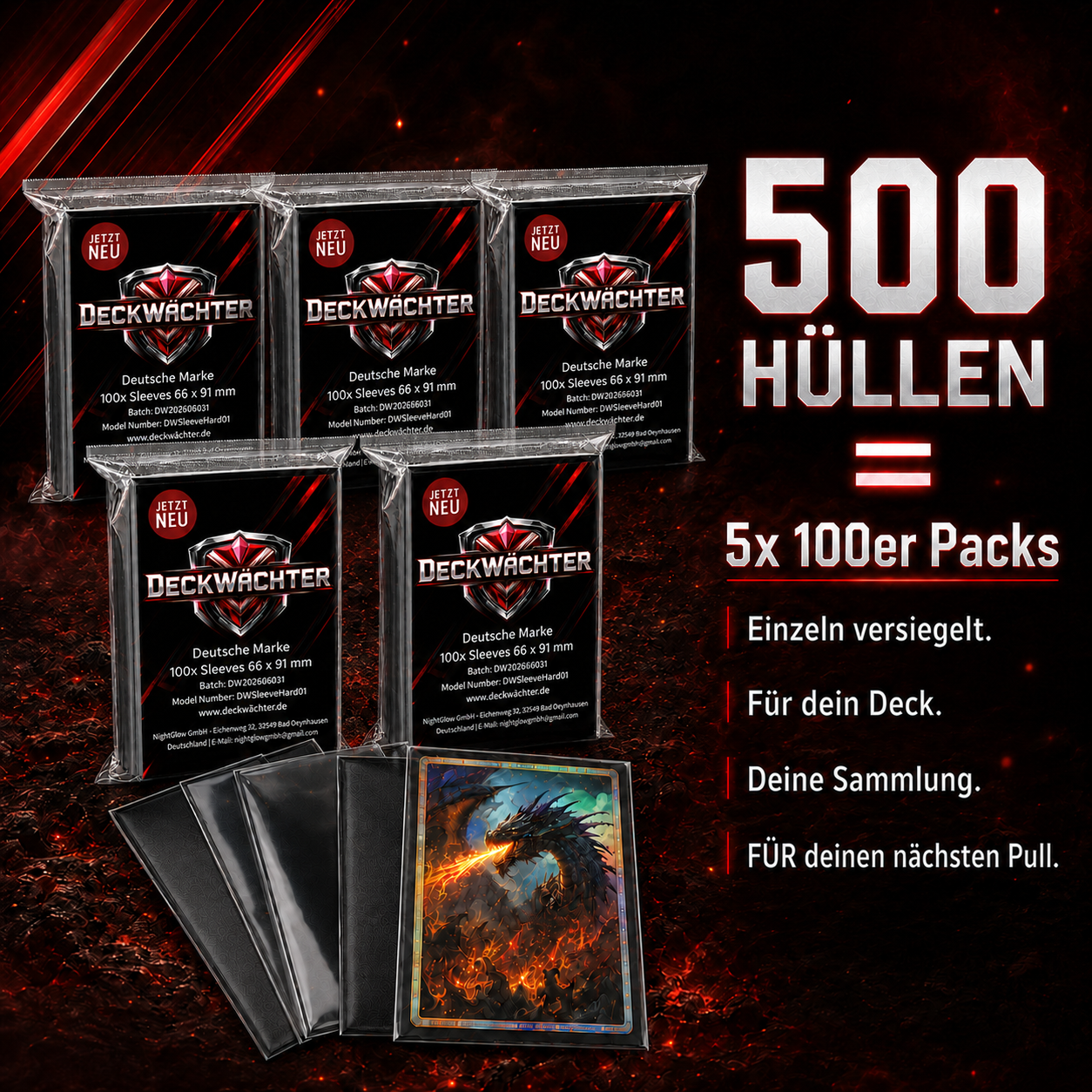 DeckWächter Kartenhüllen Schwarz 500 Stück – 5x 100er Packs Card Sleeves 66x91 mm