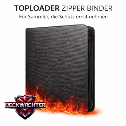 Toploader Binder Schwarz – Sammelkarten Ordner für 112 Toploader – 14 Seiten Kartenmappe mit Reißverschluss