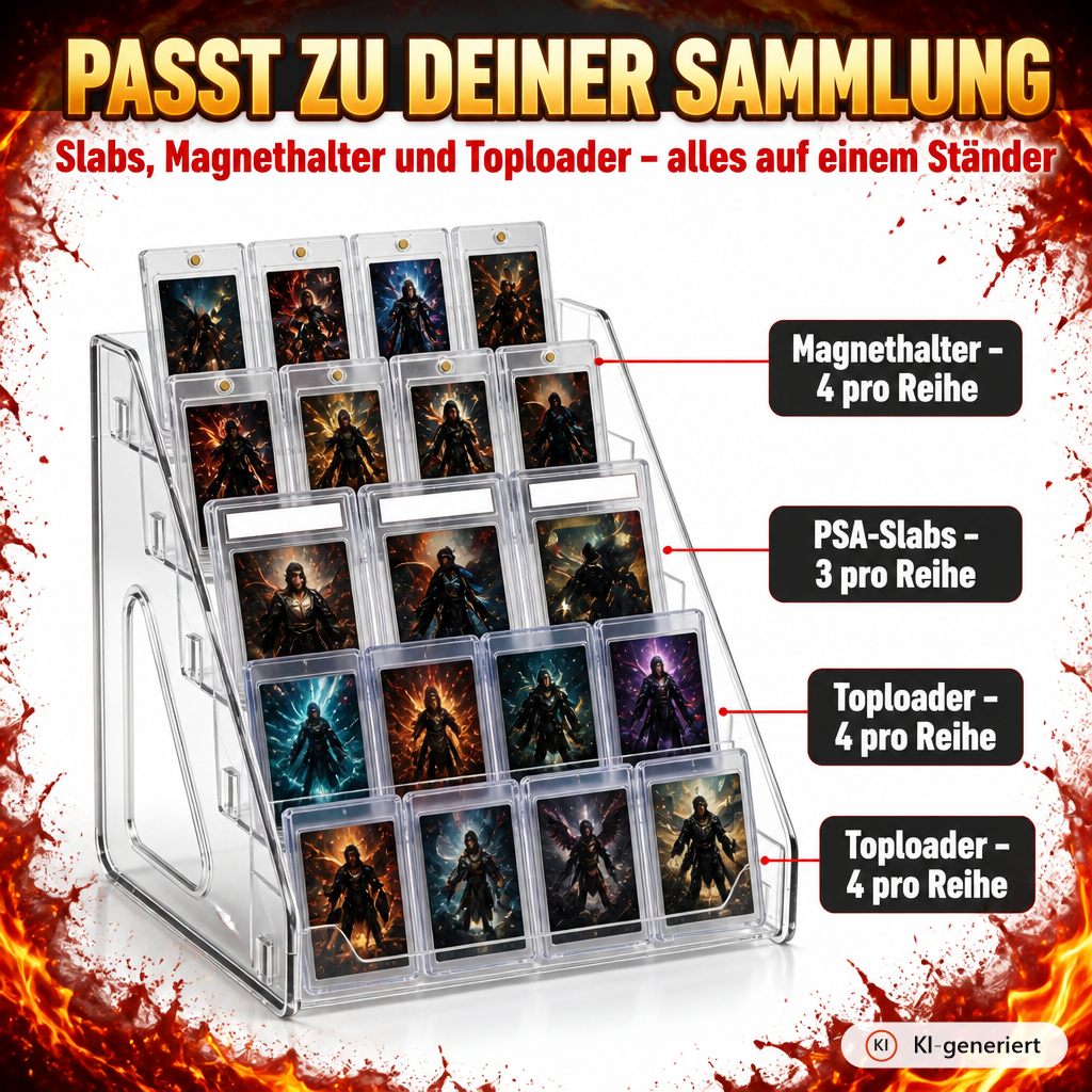 Kartenstaender mit Slabs, Magnethaltern und Toploadern bestueckt