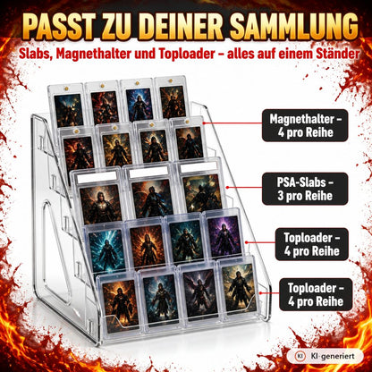 Kartenstaender mit Slabs, Magnethaltern und Toploadern bestueckt