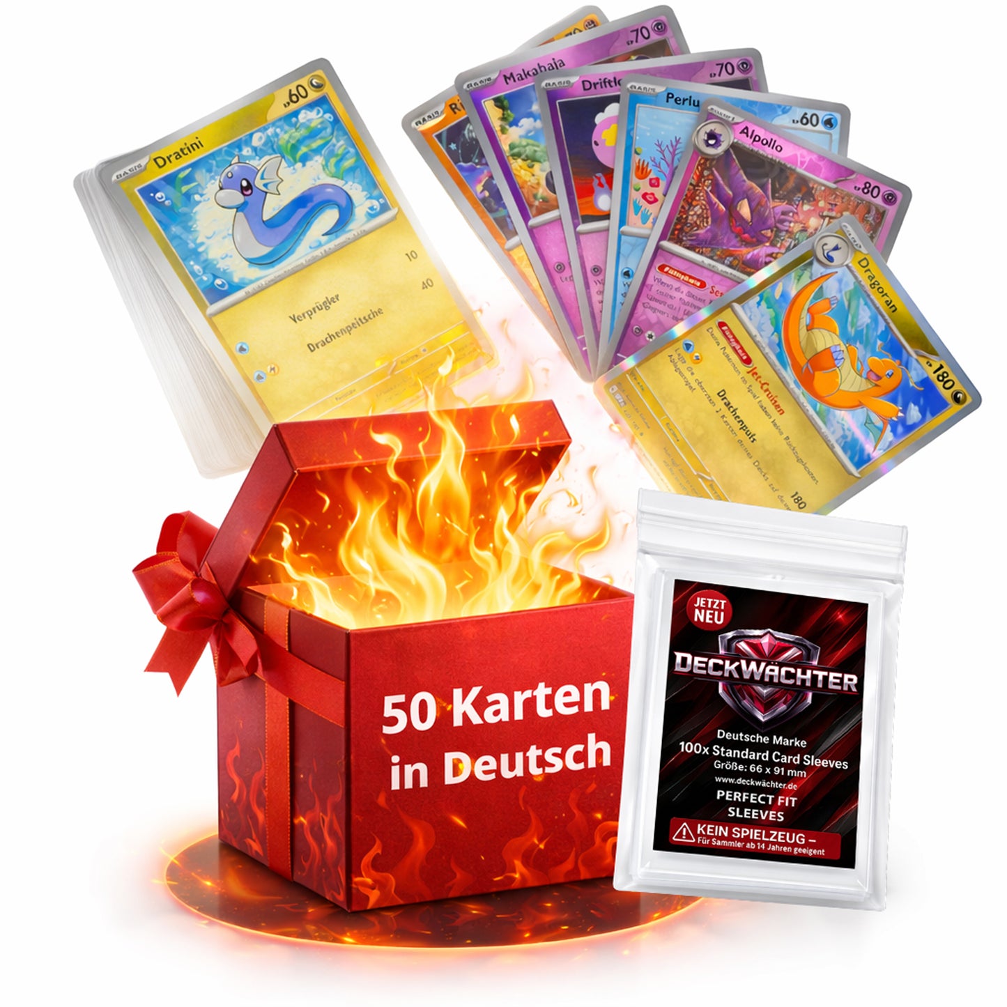 50 Pokémon Sammelkarten Deutsch + 100 Sleeves – 1 Holo + 5 Rev. Holo