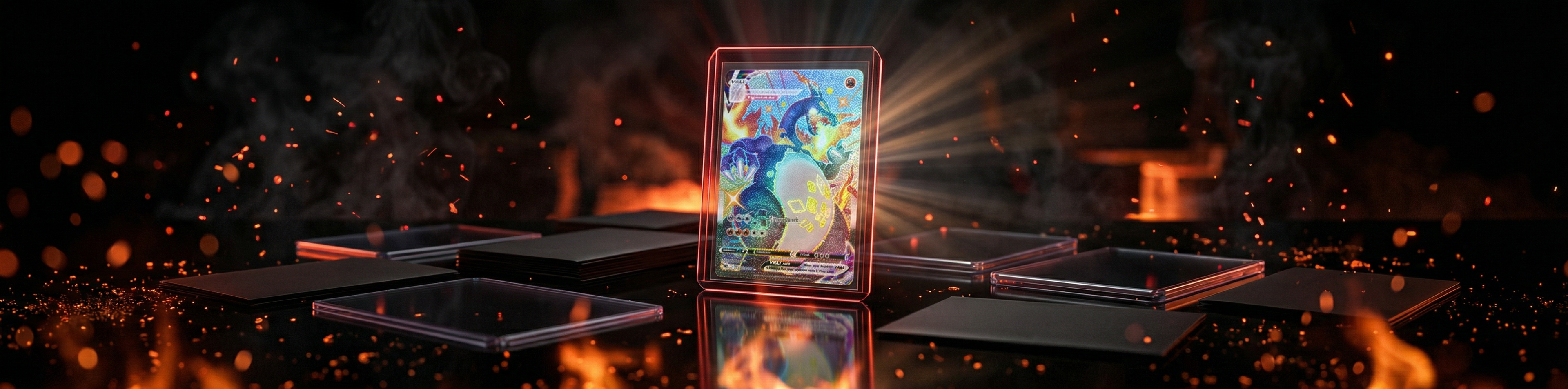 Premium Toploader mit holografischer Pokémon-Karte umgeben von Feuer und Glut – DeckWächter TCG Zubehör aus Deutschland
